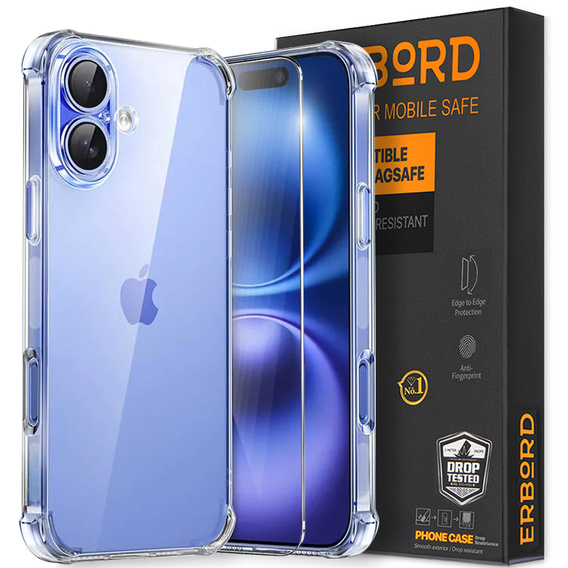 Θήκη για iPhone 16, Erbord Dropproof, διαφανής + γυαλί