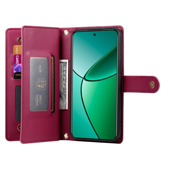 Θήκη με πτερύγιο για Oppo Reno 13F 5G, Wallet Zipper Pocket, κόκκινη