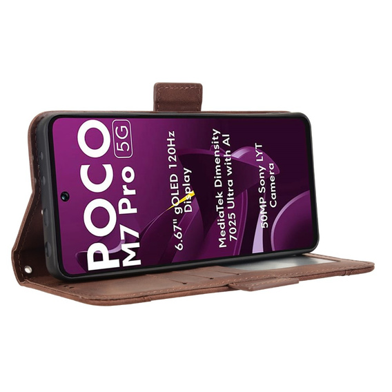 Θήκη με πτερύγιο για Xiaomi Poco M7 Pro 5G, Card Slot, καφέ