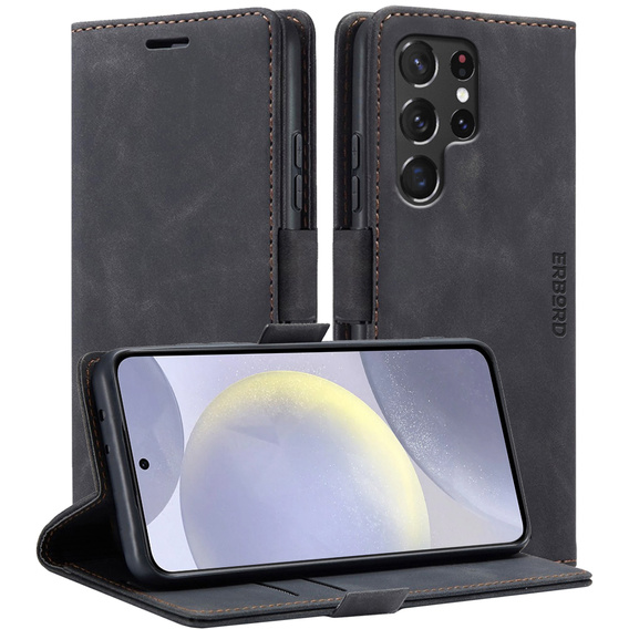 Θήκη για Samsung Galaxy S24 Ultra, ERBORD Vintage, πορτοφόλι με πτερύγιο, μαύρη
