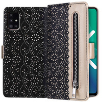 θήκη πτερύγιο για Samsung Galaxy A51 5G, Wallet Pocket Zipper Lace, μαύρη