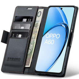 Θήκη για Oppo A60, ERBORD Glossy Litchi, πορτοφόλι με πτερύγιο, μαύρη