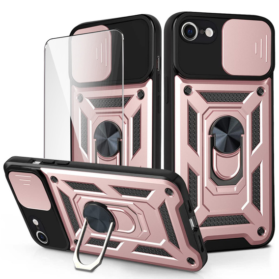 Θωρακισμένη θήκη για iPhone 16E, CamShield Slide, ροζ + Μετριασμένο γυαλί 9H