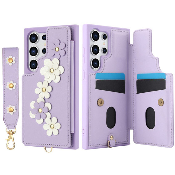 θήκη για Samsung Galaxy S25 Ultra, Leather Flower Card Slot, μωβ