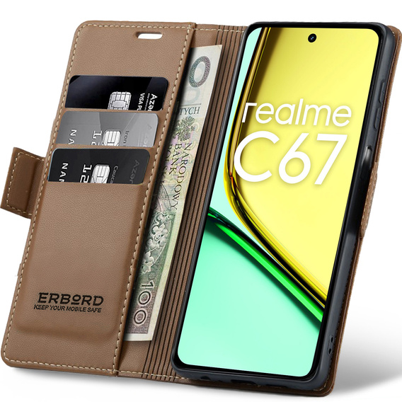 Θήκη για Realme C67 4G, ERBORD Glossy Litchi, πορτοφόλι με πτερύγιο, καφέ