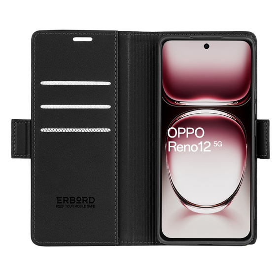Θήκη για Oppo Reno 12, ERBORD Glossy Litchi, πορτοφόλι με πτερύγιο, μαύρη
