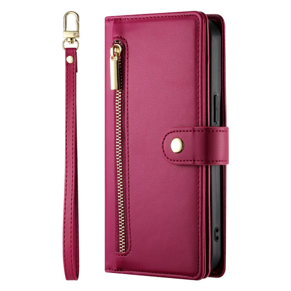 Θήκη με πτερύγιο για iPhone 16 Plus, Wallet Zipper Pocket, κόκκινη