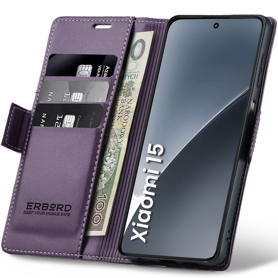 Θήκη για Xiaomi 15, ERBORD Glossy Litchi, πορτοφόλι με πτερύγιο, μωβ