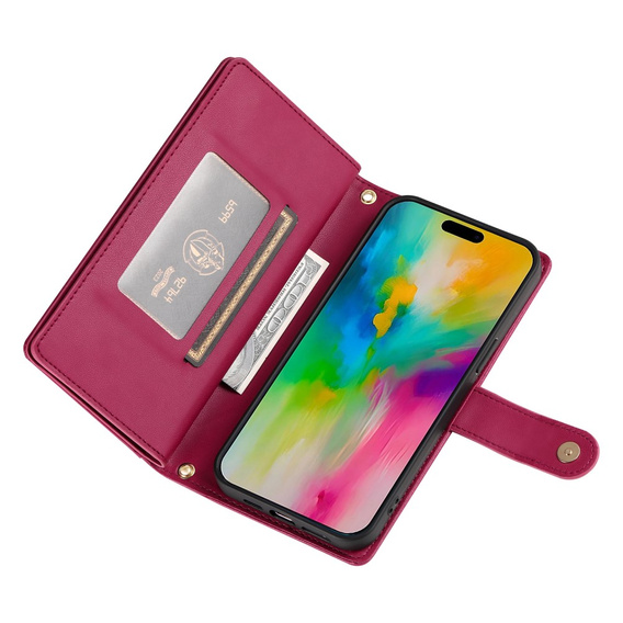 Θήκη με πτερύγιο για iPhone 16 Pro Max, Wallet Zipper Pocket, κόκκινη