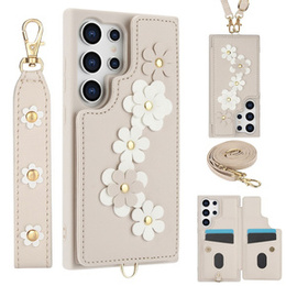 θήκη για Samsung Galaxy S24 Ultra, Leather Flower Card Slot, μπεζ