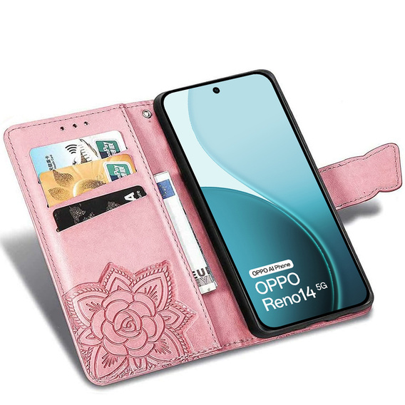 Θήκη πτερύγιο για Oppo Reno 14, Butterfly, πορτοφόλι, ροζ χρυσό