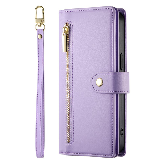 Θήκη με πτερύγιο για iPhone 16 Pro Max, Wallet Zipper Pocket, μωβ
