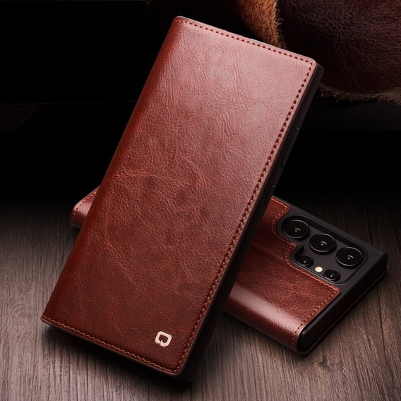 θήκη flip για Samsung Galaxy S25 Ultra, QIALINO Leather Wallet, σκούρο καφέ
