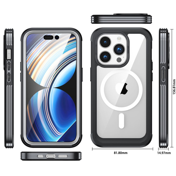Θήκη για iPhone 15 Pro, θωρακισμένη πλήρης προστασία 360° για MagSafe, γυαλί οθόνης, μαύρη