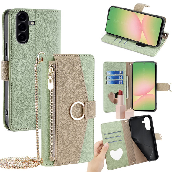 θήκη Wallet Zipper Pocket flip για το Samsung Galaxy A56 5G, Wallet Zipper Pocket, με καθρέφτη, πράσινη
