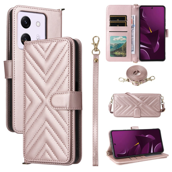 Θήκη με πτερύγιο για Xiaomi Poco M7 Pro 5G, Crossbody Leather Wallet, ροζ