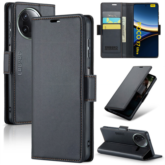 Θήκη για Xiaomi Poco F7 Ultra, ERBORD Glossy Litchi, πορτοφόλι με πτερύγιο, μαύρη