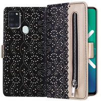 θήκη πτερύγιο για Samsung Galaxy A21S, Wallet Pocket Zipper Lace, μαύρη