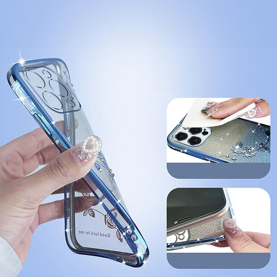 Θήκη για iPhone 16 Pro, Glitter Flower, μπλε