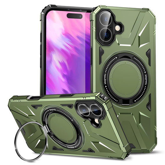 Θήκη για iPhone 16 Plus, θωρακισμένη με βάση και λαβή, πράσινη