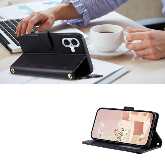 θήκη πτερύγιο για iPhone 16, Rhombus Crossbody Leather, μαύρη