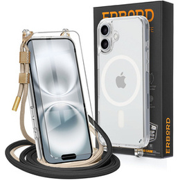 Θήκη με κορδόνι για iPhone 16, ERBORD MagSafe, διάφανη + Γυαλί οθόνης