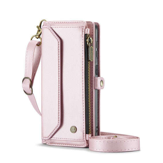 θήκη CASEME για Samsung Galaxy S24 FE, RFID Leather Wallet, με λουράκι ώμου, ροζ