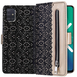 θήκη πτερύγιο για Samsung Galaxy A51, Wallet Pocket Zipper Lace, μαύρη