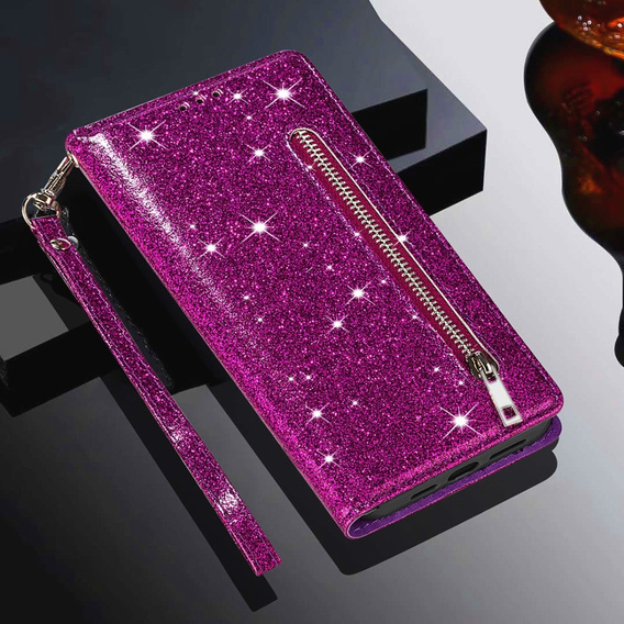Θήκη με πτερύγιο για Samsung Galaxy A56 5G, Wallet Zipper Pocket Glittery, μωβ