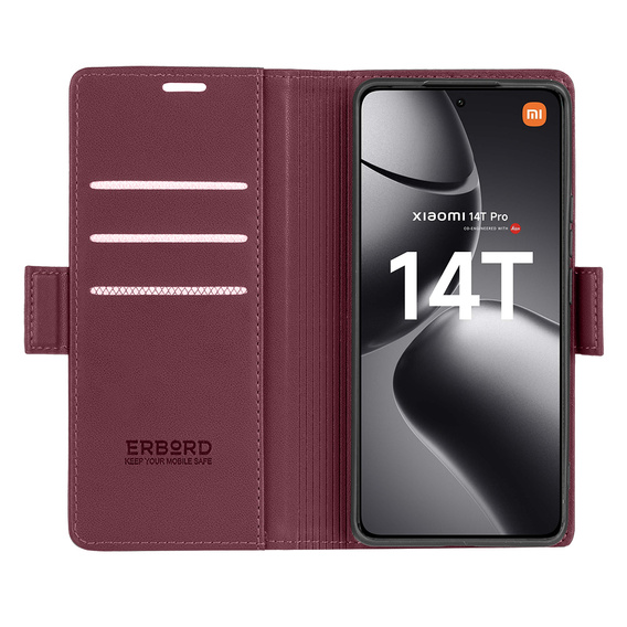 Θήκη για Xiaomi 14T Pro, ERBORD Glossy Litchi, πορτοφόλι με πτερύγιο, κόκκινη