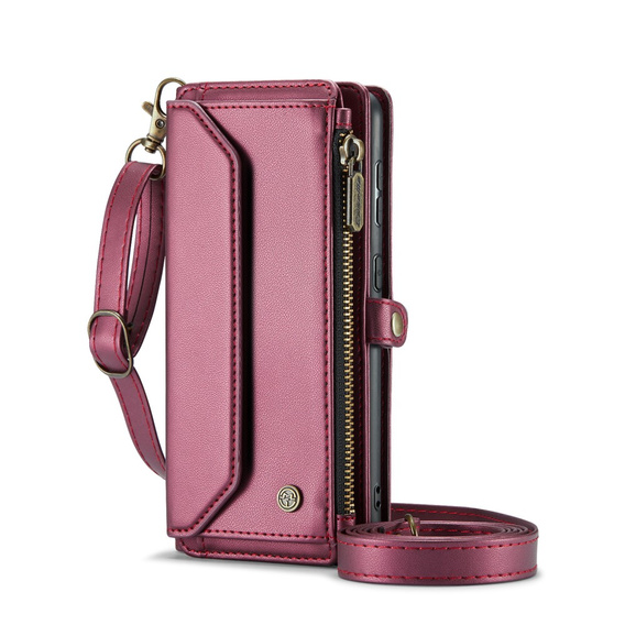 θήκη CASEME για Samsung Galaxy S24 FE, RFID Leather Wallet, με λουράκι ώμου, κόκκινη