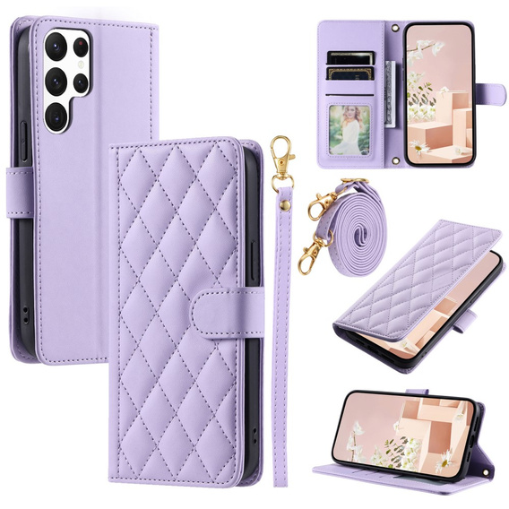 θήκη πτερύγιο για Samsung Galaxy S25 Ultra, Rhombus Crossbody Leather, μωβ