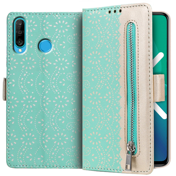 θήκη πτερύγιο για Huawei P30 Lite, Wallet Pocket Zipper Lace, πράσινη