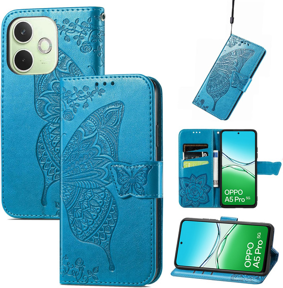 Θήκη με πτερύγιο για Oppo A5 Pro 5G, Butterfly, μπλε