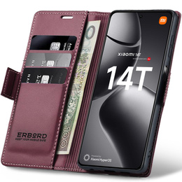 Θήκη για Xiaomi 14T, ERBORD Glossy Litchi, πορτοφόλι με πτερύγιο, κόκκινη