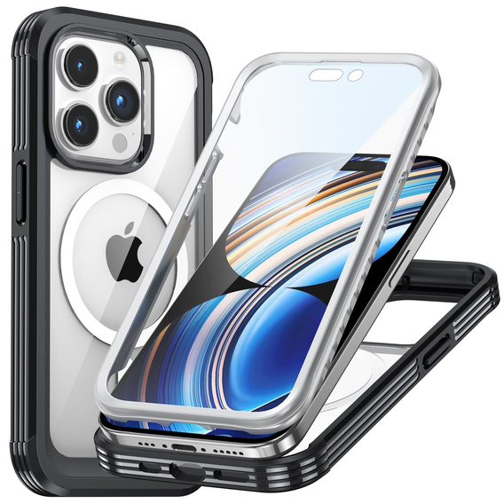Θήκη για iPhone 15 Pro, θωρακισμένη πλήρης προστασία 360° για MagSafe, γυαλί οθόνης, μαύρη