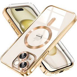 Θήκη για iPhone 15, Electro MagSafe, χρυσή + Γυαλί για την οθόνη
