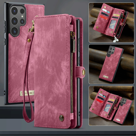 CASEME θήκη για Samsung Galaxy S25 Ultra, Retro Leather Wallet, με λουράκι, κόκκινη