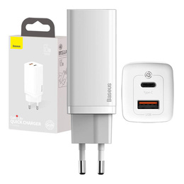 Baseus GaN2 Lite 65 W USB-C + USB-A φορτιστής δικτύου, λευκό (ΕΕ)
