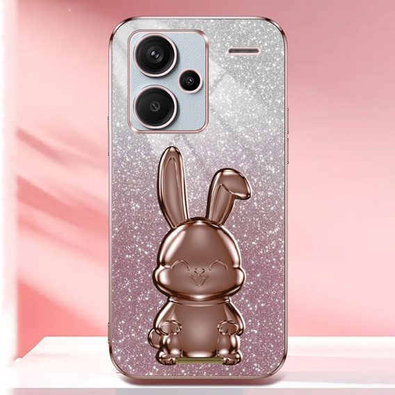 Θήκη για Xiaomi Redmi Note 13 Pro+, Glitter Rabbit, με συρόμενη βάση στήριξης, ροζ