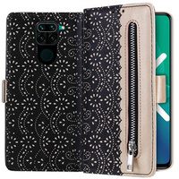 θήκη πτερύγιο για Xiaomi Redmi Note 9, Wallet Pocket Zipper Lace, μαύρη