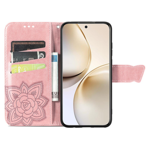 Θήκη με πτερύγιο για Realme 14 Pro 5G, Butterfly, ροζ rose gold