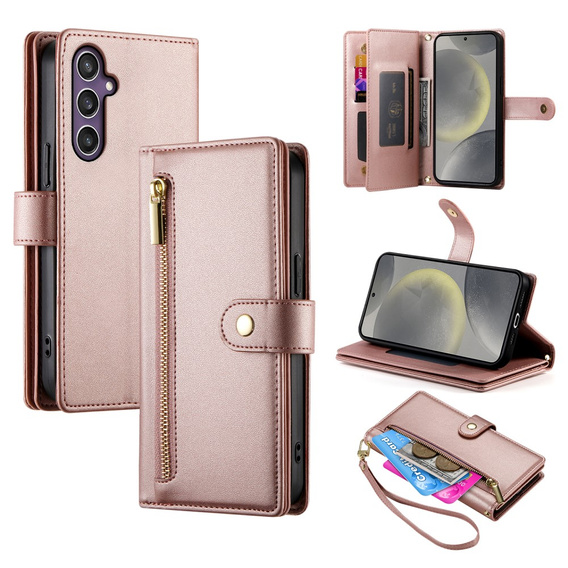 Θήκη με πτερύγιο για Samsung Galaxy S25, Wallet Zipper Pocket, ροζ