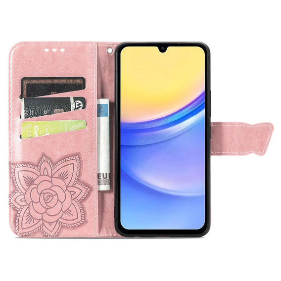Θήκη με πτερύγιο για Samsung Galaxy A15, Butterfly Flower, ροζ + γυαλί 9H  