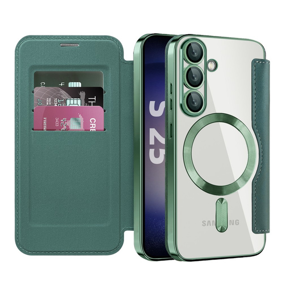 Θήκη με πτερύγιο για Samsung Galaxy S25+ Plus, RFID Wallet MagSafe CamShield, πράσινη