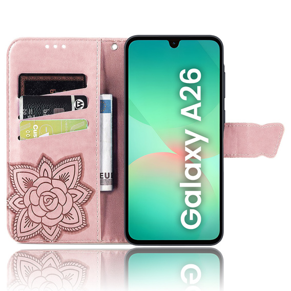 Θήκη με πτερύγιο για Samsung Galaxy A26, Butterfly, ροζ rose gold