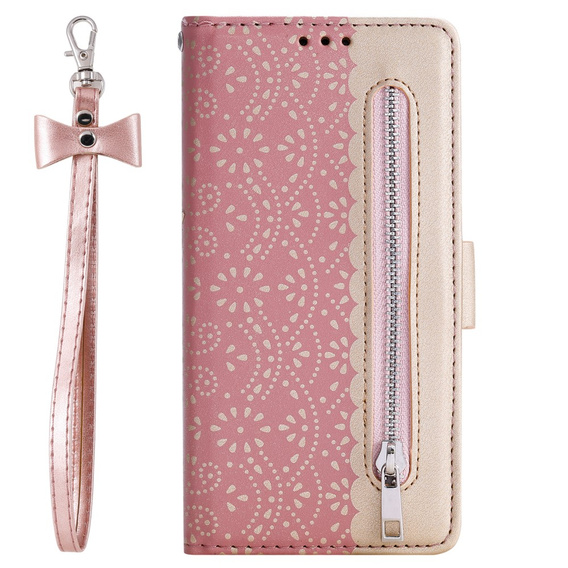 θήκη πτερύγιο για Samsung Galaxy S22+ Plus 5G, Wallet Pocket Zipper Lace, ροζ