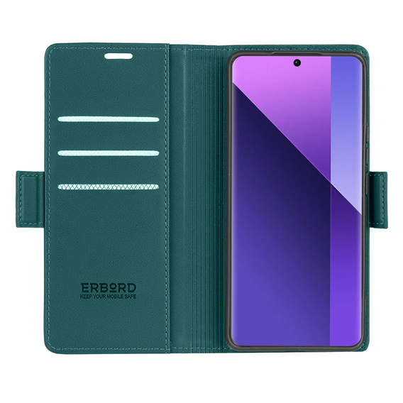 Θήκη για Xiaomi Redmi Note 13 Pro+, ERBORD Glossy Litchi, πορτοφόλι με πτερύγιο, πράσινη