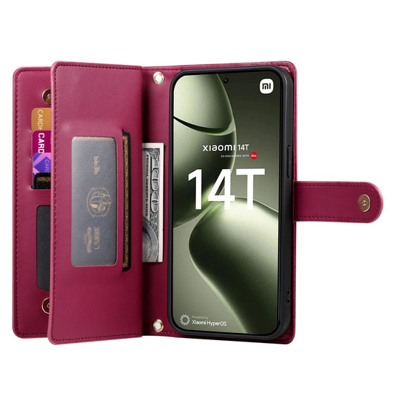 Θήκη με πτερύγιο για Xiaomi 14T, Wallet Zipper Pocket, κόκκινη