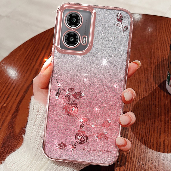 Θήκη για Motorola Moto G24 / G24 Power / G04, Glitter Flower, ροζ rose gold